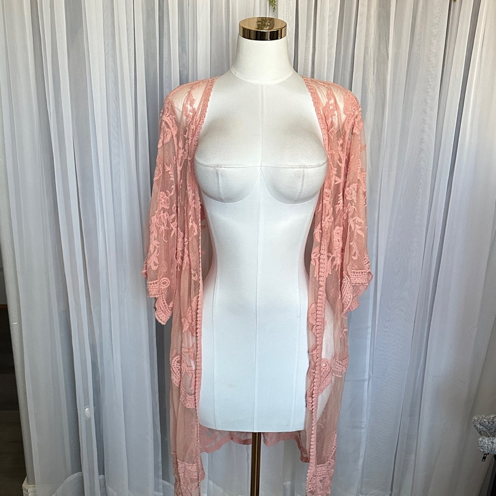 Sheer Embroidered Kimono Robe - Pink - Picture 3 of 4